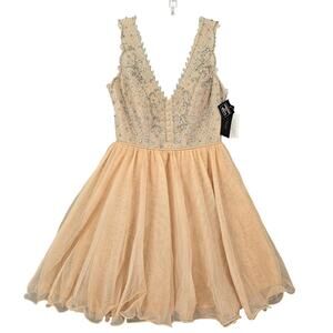 City Studio Tan Mini Dress NEW Formal Preppy Beads Lace Zip Women Size 5 Juniors